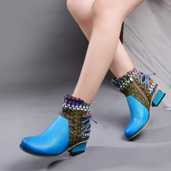 

Retro Style Cow Full Grain Natural Leather Women Med Heels Winter Patchwork Boots Handmade Riding Zipper Shoes For Women 2019