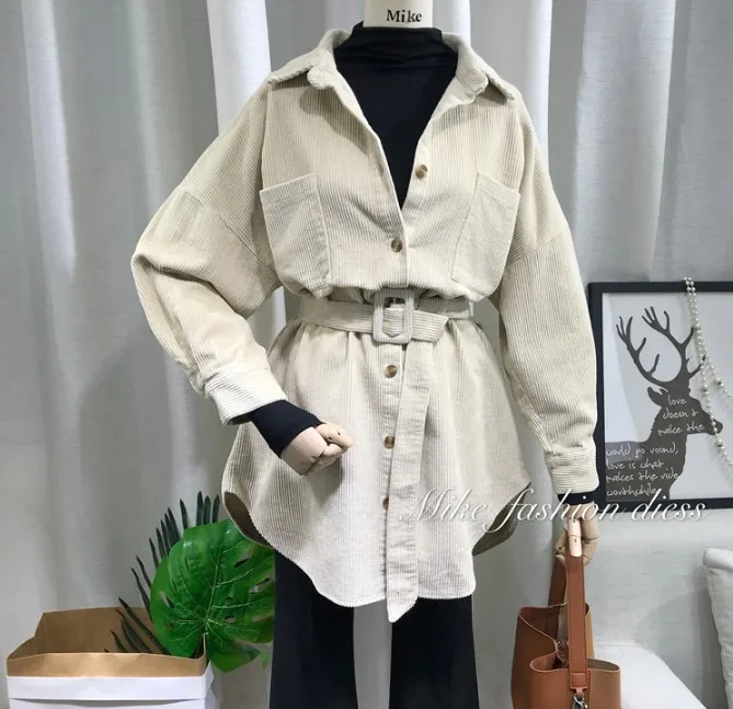 

Spring 2019 New Korean Fashion Belt Corduroy Blouses Pure Color Women's Mid-length Shirts Ins Female Casual Shirts