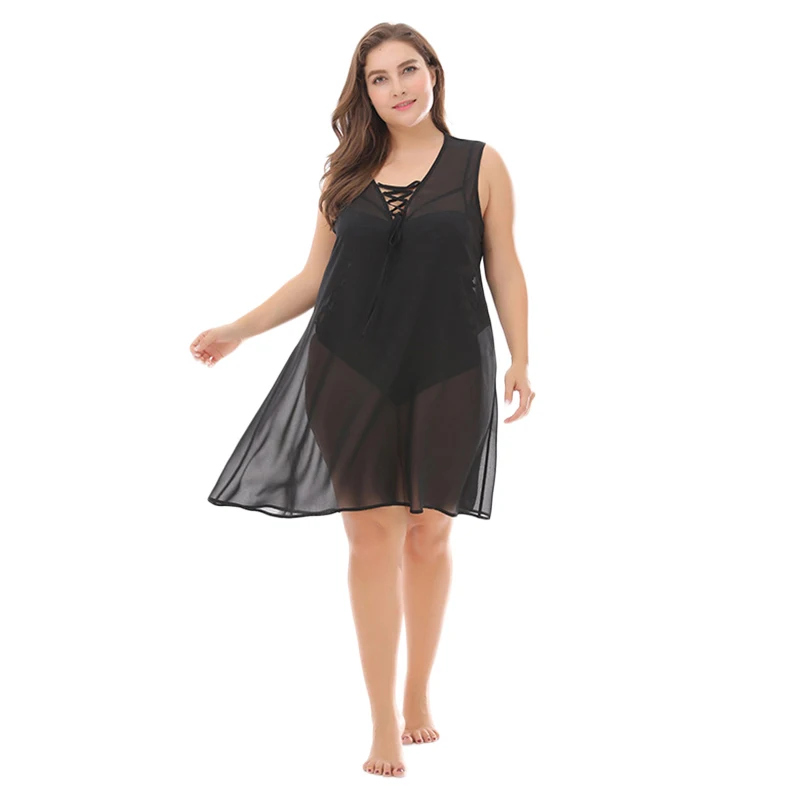 

WHZHM Summer 3XL Black Thin Deep V-Neck Plus Size Beach Dress Women Sexy Party Sleeveless Black Lace Up Femme Dress Vadim A-Line