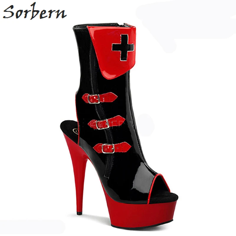 

Sorbern Peep Toe Ankle Boots Buckle Strap Platform Spike Super High Heels Red Heels Luxury Fashion Shoes Women Designers Boots