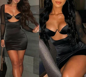 

Sexy Women Long Mesh Sleeve Bodycon Solid Night Wear Party Evening Cocktail Mini Ladies Dress Females Beach Dress Bikini Cover
