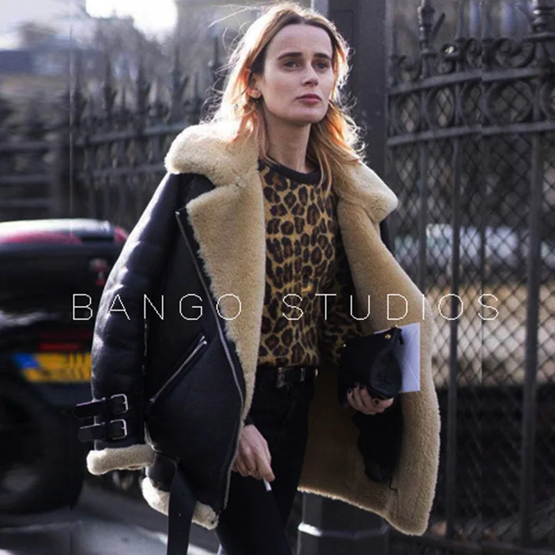 

Parkas Women 2018 Slim Bomber Jacket Lambskin Fur Pilot Biker Jacket Female Couple Leather