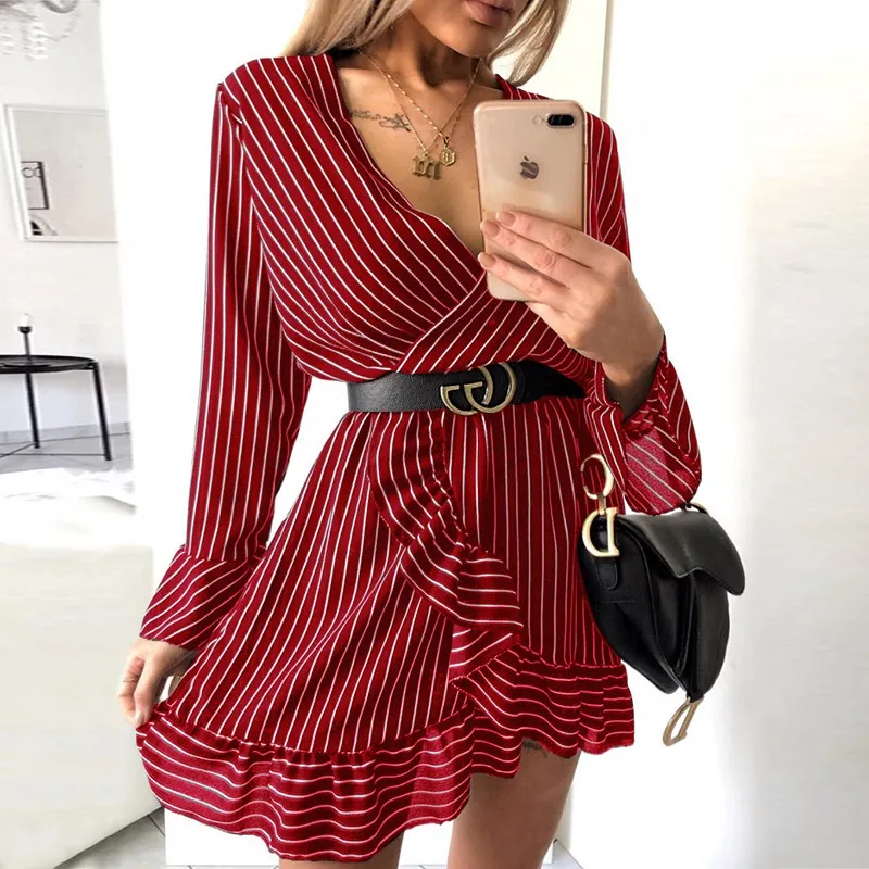 

New Women Sexy Fashion Stitching Belt Mini Dress 2019 Summer Casual Women V-neck Striped Nine-Point Sleeve Dress