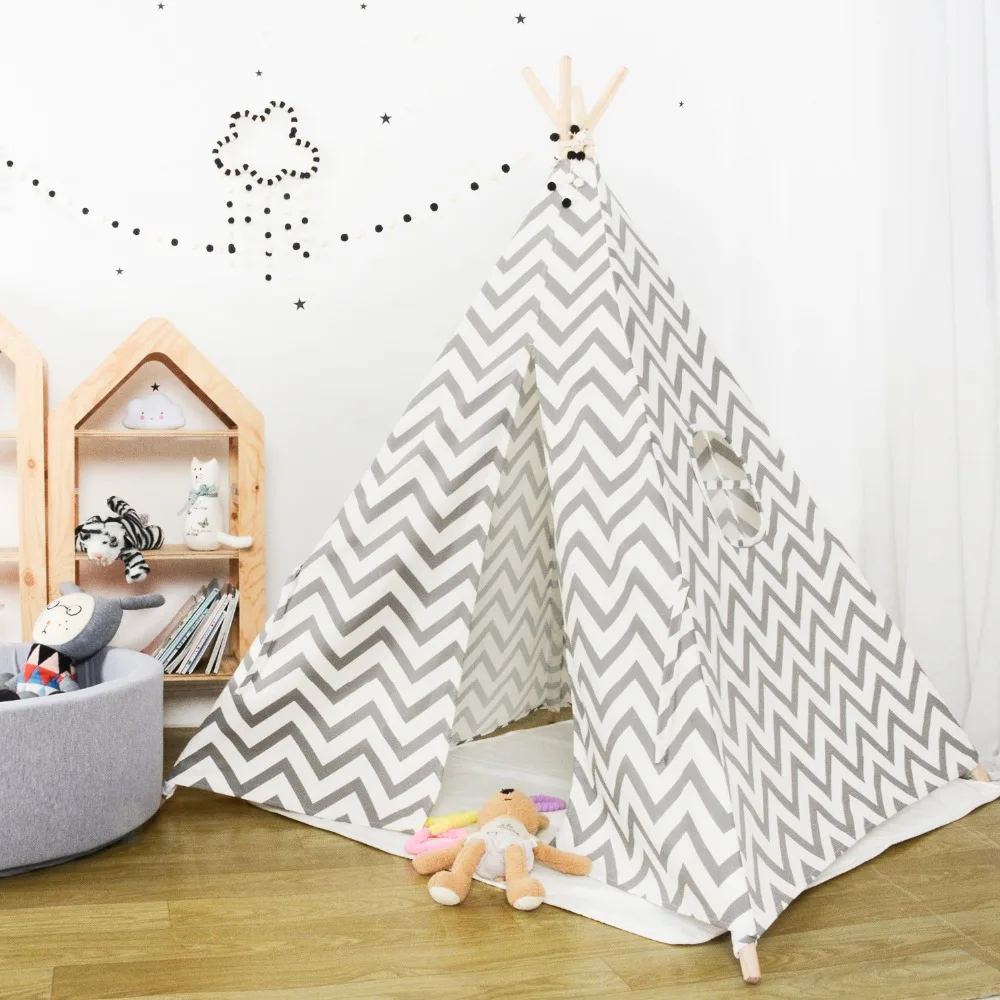 

Kids Teepee Play Tent 100% Cotton Canvas Grey Stripe Children Tipi Playhouse Indoor Outdoor Toy Boys Girls Baby Birthday Gift