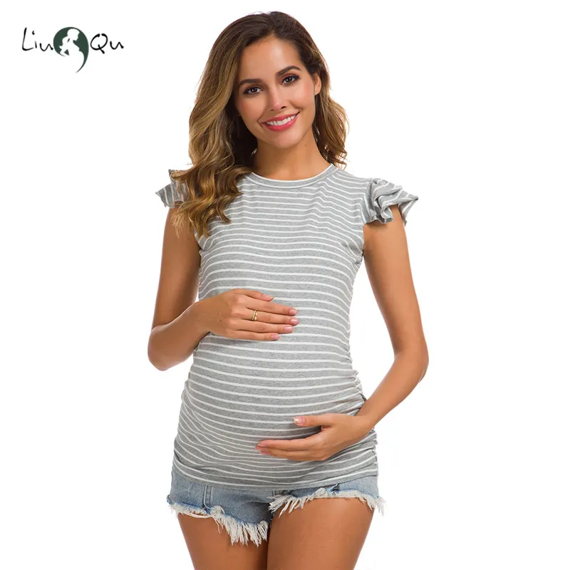 

Womens Maternity Tops Flying Sleeve Striped Pregnant T Shirts Side Ruched Mama Maternity Clothes Pregnancy Clothes Comfortable