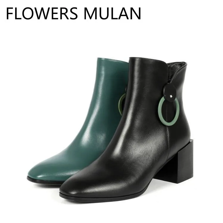 

Green Black Real Leather Ankle Boots For Women Chic Square Toe High Chunky Heel Fashion Ladies Booties Metal Ring Zapatos Mujer