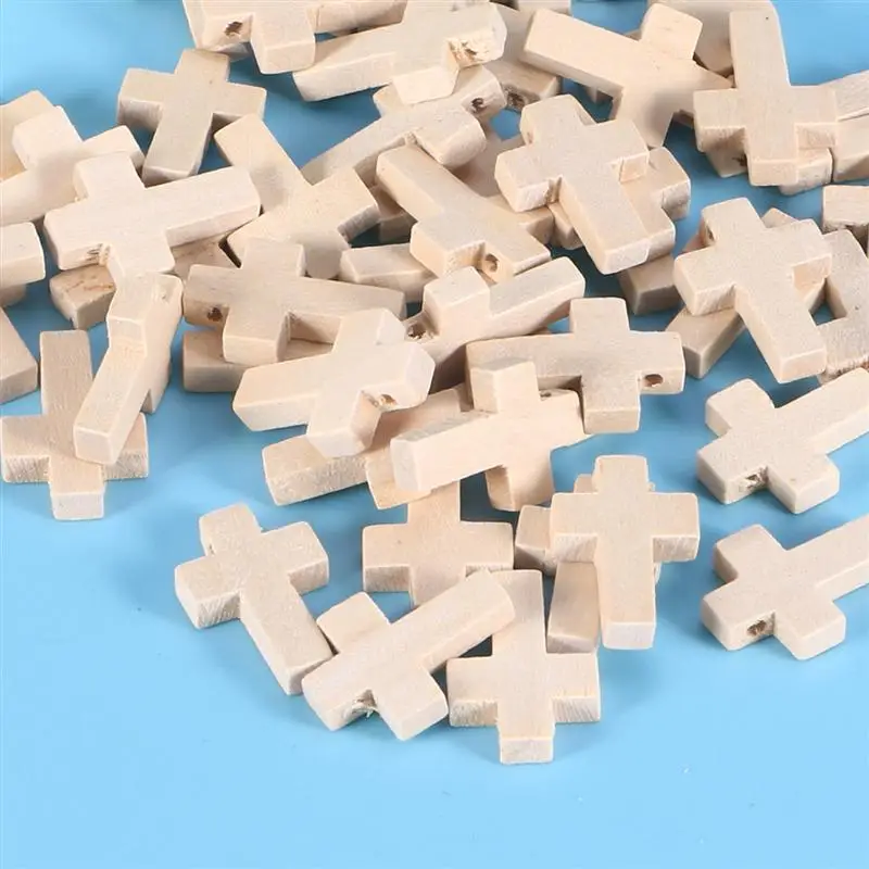 50pcs Craft Supplies Wood Mini Crosss Polished Natural Unfinished DIY Perforated Wooden Crafts Supplies 1