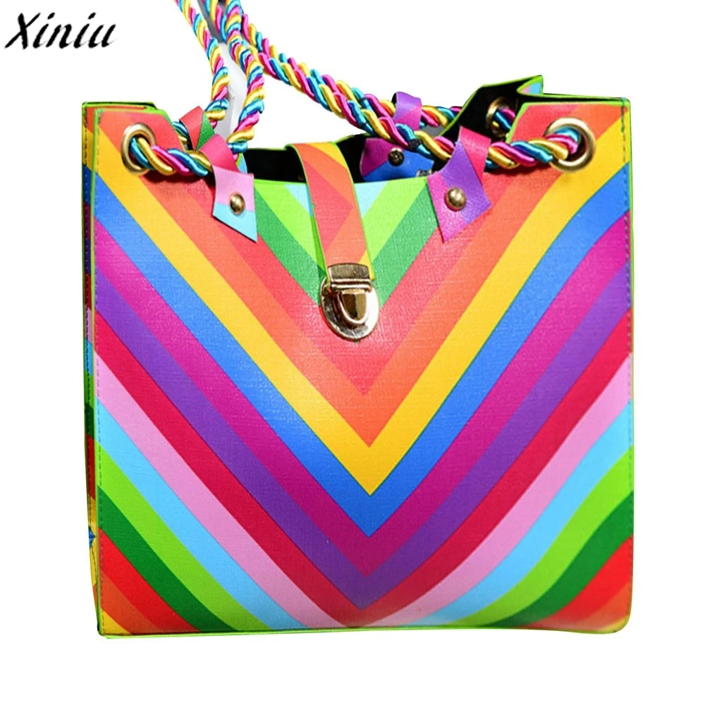 Women Shoulder Bag Rainbow Leather Hasp Handbag String Fashion