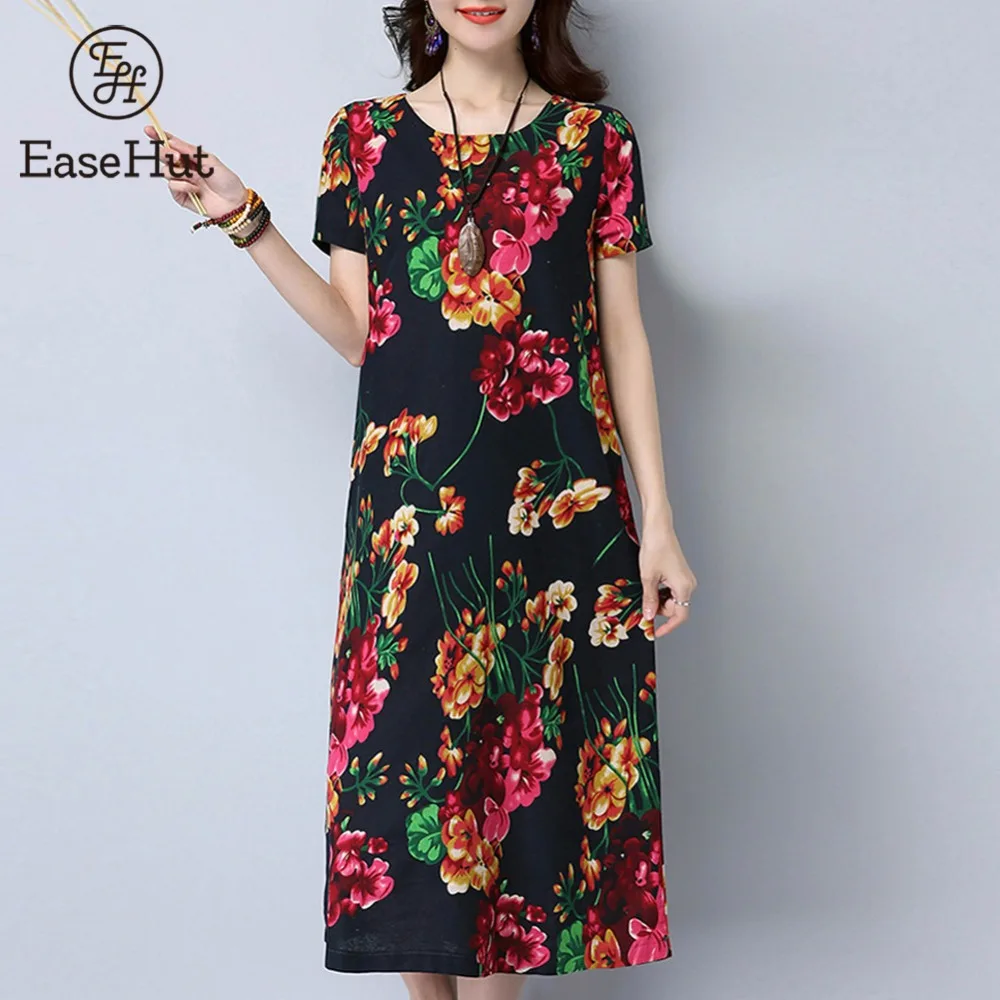 EaseHut Summer New Women Cotton Dress Floral Printed O-Neck Short Sleeve Casual Loose Vintage Midi Dresses Plus Size 5XL Vestido