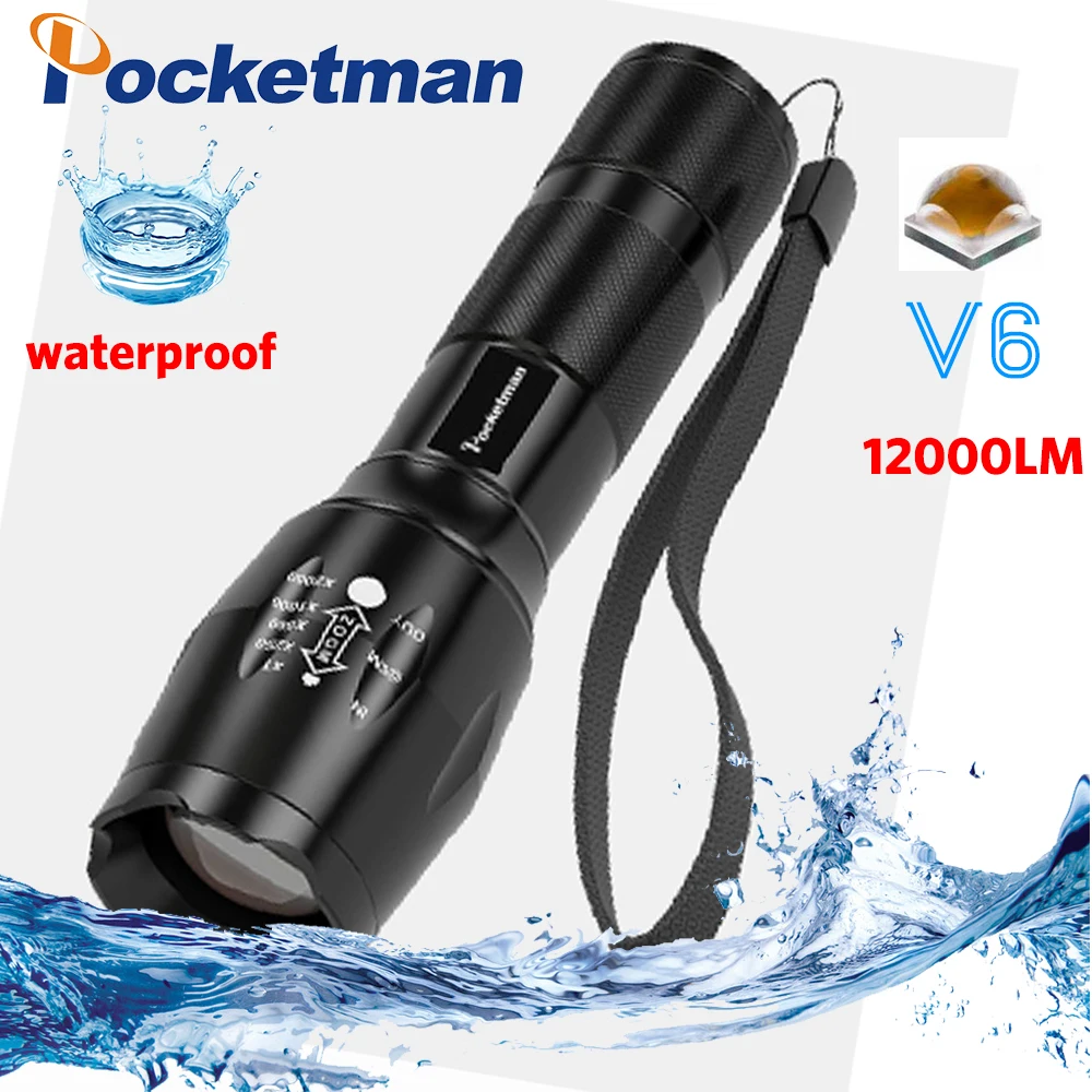 

Hot sale V6 flashlight 12000 LM high quality waterproof Telescopic zoom 5 Modes with 18650 Rechargeable battery 2200 MAH
