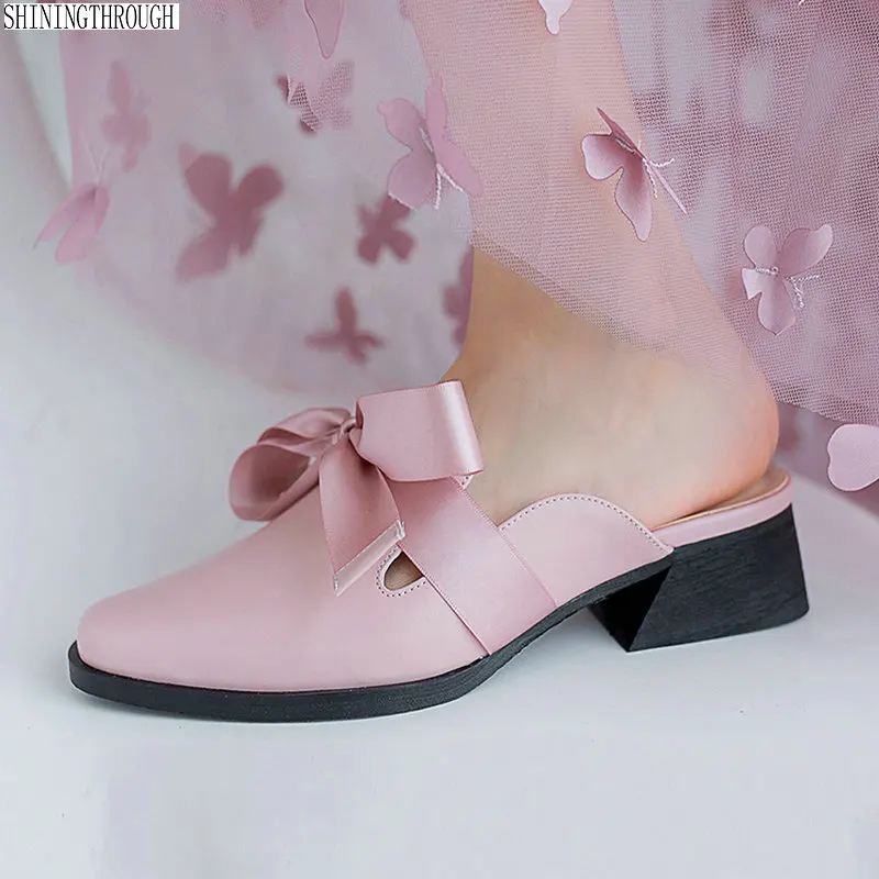 

Autumn Women slippers Genuine Leather Ladies sandals lace up bowties low Heels casual Shoes Woman square toe Female Shoes
