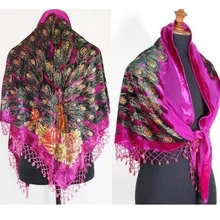 Free Shipping Hot Pink Triangle Ladies’ Velvet Silk Beaded Embroidery Shawl Scarf Peafowl SW09-C