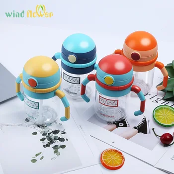 

Wind flower Robot Shape Style 380ml Kids Straw Bounce Cap Water Bottle Children Sippy Bottle Easy to Carry And Leak proof