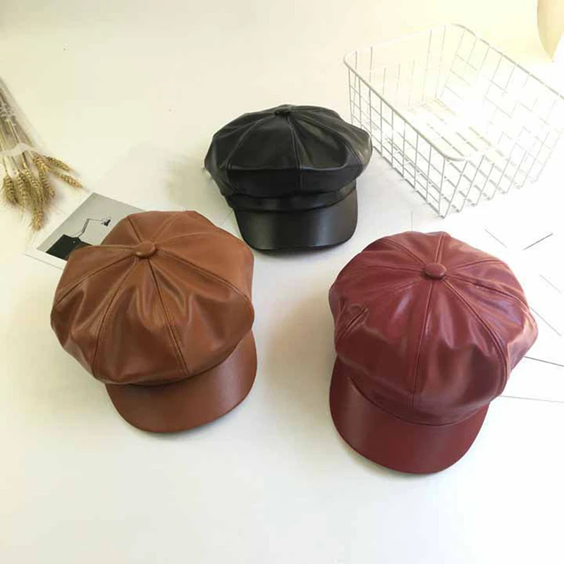 1 шт. восьмиугольная шапка из искусственной кожи, модные осенне-зимние шапки для мужчин и женщин, повседневные винтажные шапки, однотонные аксессуары