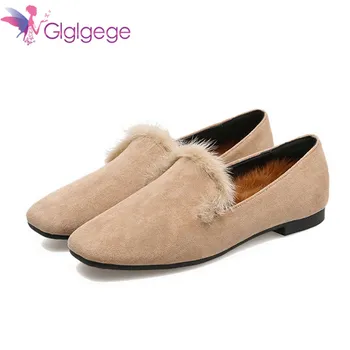 

Glglgege 2019 Women Warm Flats Heels Genuine Leather Shoes Woman Rabbit Fur Warm Comfort Casual Shoes Woman Loafer Flats Shoes