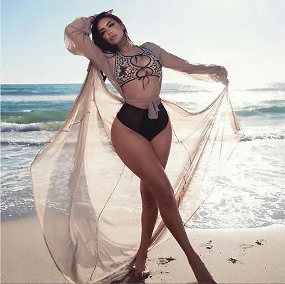 Summer Sexy Women Long Sleeve Bandage Lace Crochet Bikini Beach Cover Ups Swimwear Beacwear Long Maxi Dress Blouse Sundress