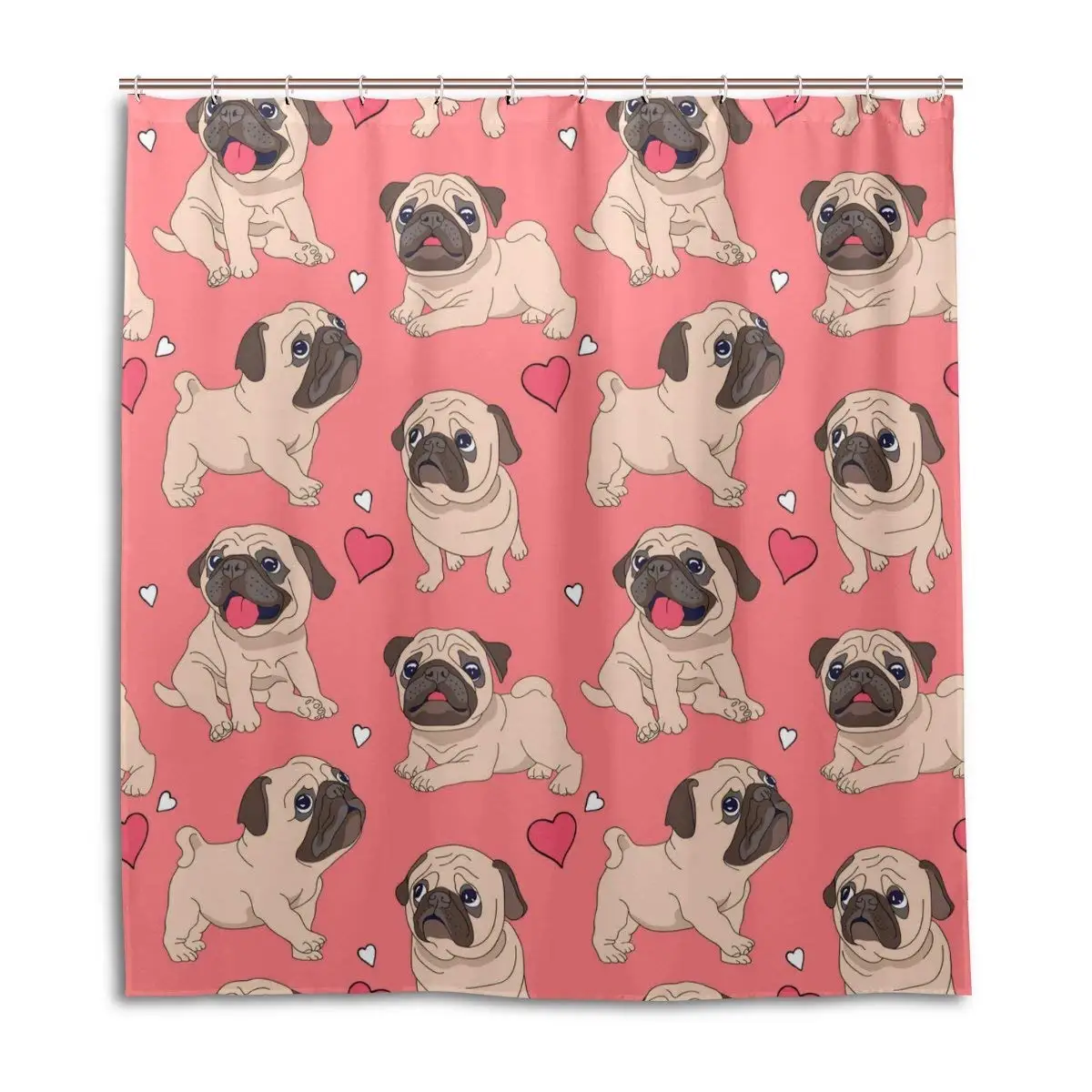 

Vantaso Shower Curtains 66x72 Cute Pug Dog Love Heart Dark Pink Waterproof for Bathroom Kids Boys Girls Adults