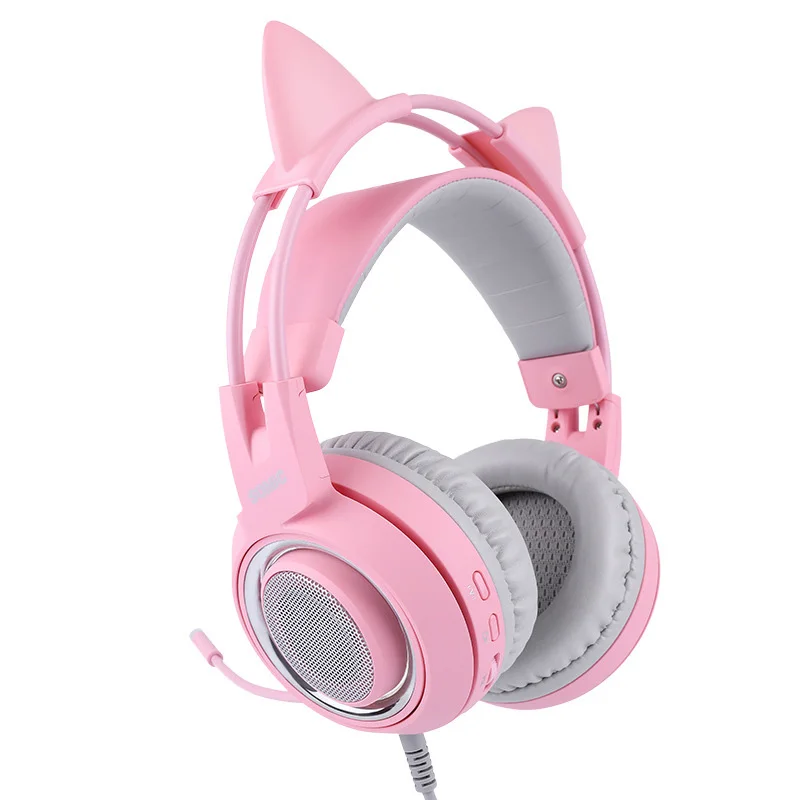Розовые наушники для девочек с шумоподавлением 7,1 каналов USB проводные Игровые наушники милые кошачьи наушники с микрофоном для ПК