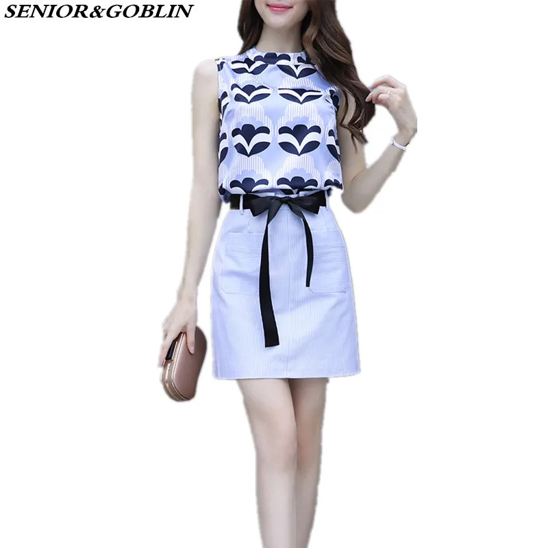 

2019 Summer 2 Piece Set Women Sleeveless Chiffion Printted Top+High Waist Bow Striped Mini Skirt Two-piece Ladies Skirt Set