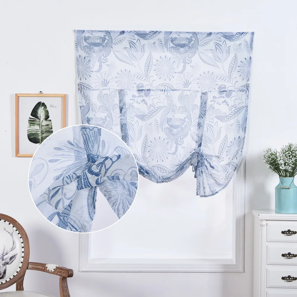 

Blue Printing Design Curtain Screening Panel Flower Window Screening for Kitchen Home Decoration Floral Shading Curtain116x160cm
