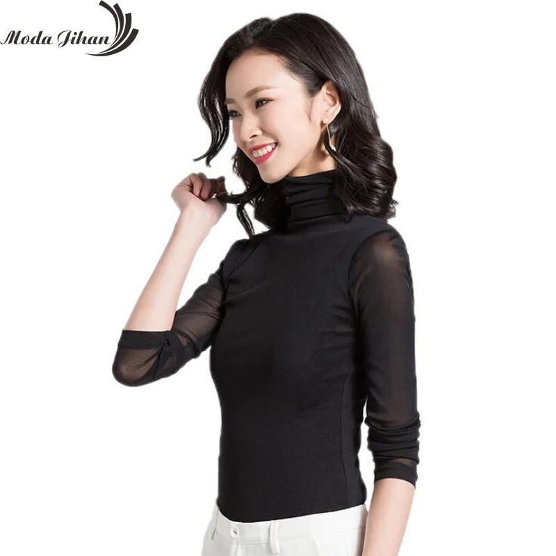 Moda Jihan Women's Mesh Bottoming Shirts Stretchable High Collar Underneath Tops Autumn Winter Female Clothing Sexy Plus Size
