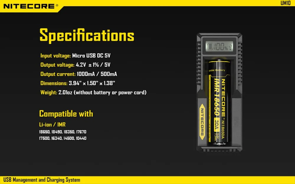 Оригинальное зарядное устройство Nitecore UM10 Смарт Батарея Зарядное устройство ЖК-дисплей Дисплей Батарея Зарядное устройство с Usb кабели для Зарядное устройство 18650 10440 17500 14500 H15