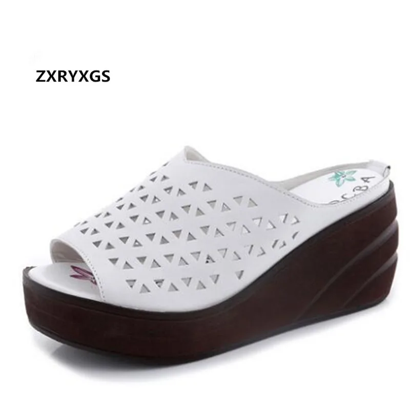 

2019 Newest Cowhide Hollow Summer Sandals Women Slippers Fashion Elegant Thick Bottom Wedge Slipper Simple White Casual Sandals