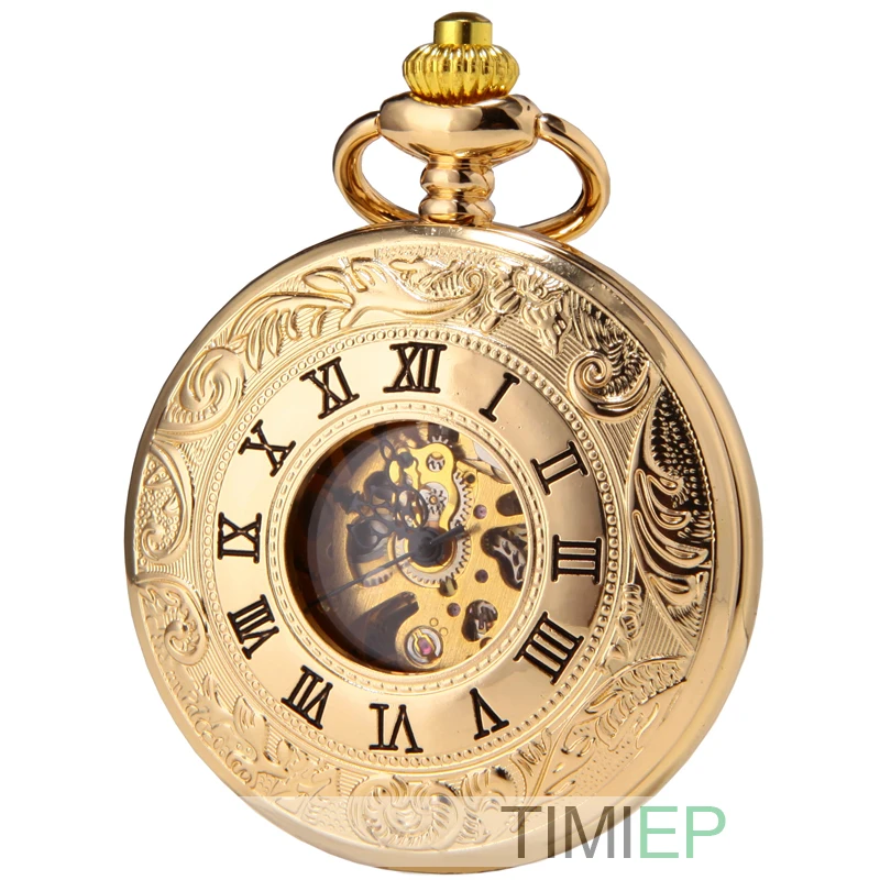 

SEWOR Double Open Skeleton Pocket Watch Mechanical Movement Hand Wind Full Hunter Gold Tone C124