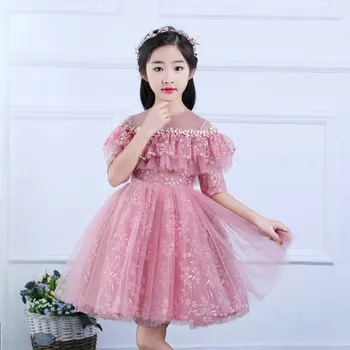 

2019Summer Spring Luxury Children Girls Red/Pink Birthday Wedding Party Princess Lace Dress Baby Host Piano Costume Puffy Dress