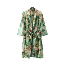 Olgitum Для женщин Винтаж Цветочный принт зеленый цвет Длинные Дизайн кимоно Лето двойные карманы куртка sw089