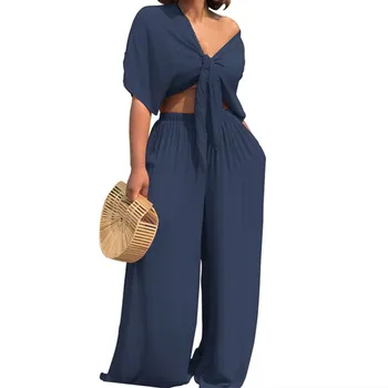 

2019 Sexy Women Two-Piece Set Crop Top Deep V Neck Bandge Short Sleeve Wide Leg Trousers Elastic Waist Solid 2 Piece Suits