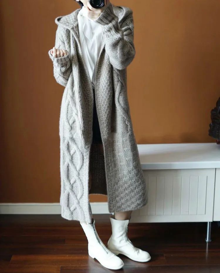 

casual ladies coats autumn 2018 winter fashion hooded sheath slim full woman long coat solid ruched knitted open stitch female