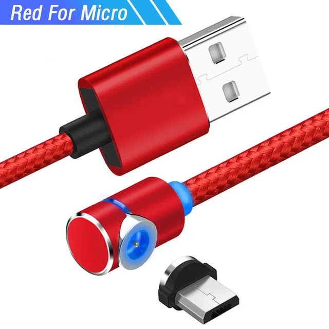 Магнитный кабель 90 градусов Micro Usb type C для iphone X XS зарядный провод Kabel для Xiaomi samsung A50 A80 S10 шнур зарядного устройства 1 м 2 м - Цвет: Red for Micro