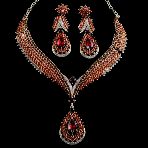 Индийский стиль, наборы ювелирных изделий с кристаллами, свадебные, вечерние, ожерелье, серьги, стразы, розовый цвет, нежные ювелирные изделия для женщин, подарок - Окраска металла: red