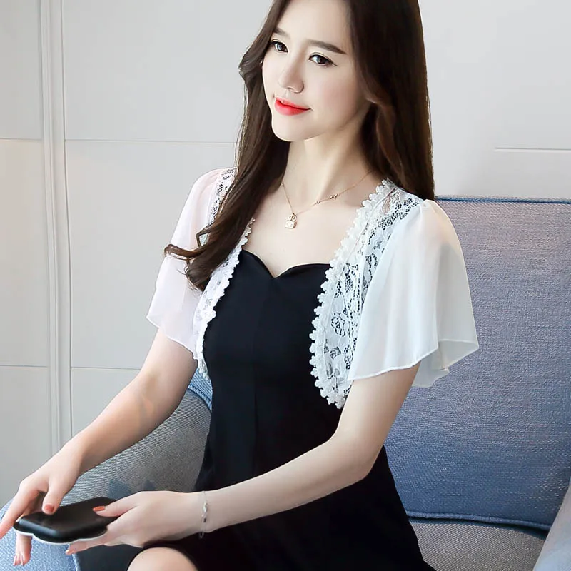 

women short Butterfly Sleeve V-Neck Lace Chiffon Beach Style Shawl female girls Summer Thin Sunscreen short design blouse tops