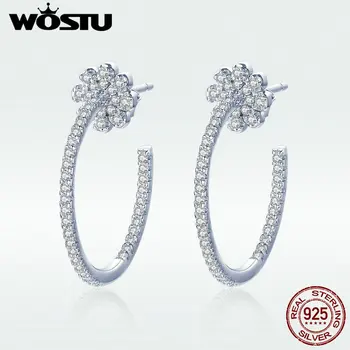 

WOSTU 2020 New Design 925 Sterling Silver Flower Hoop Earrings Clear Zircon Big Earrings For Women Wedding Silver Jewelry DAE049