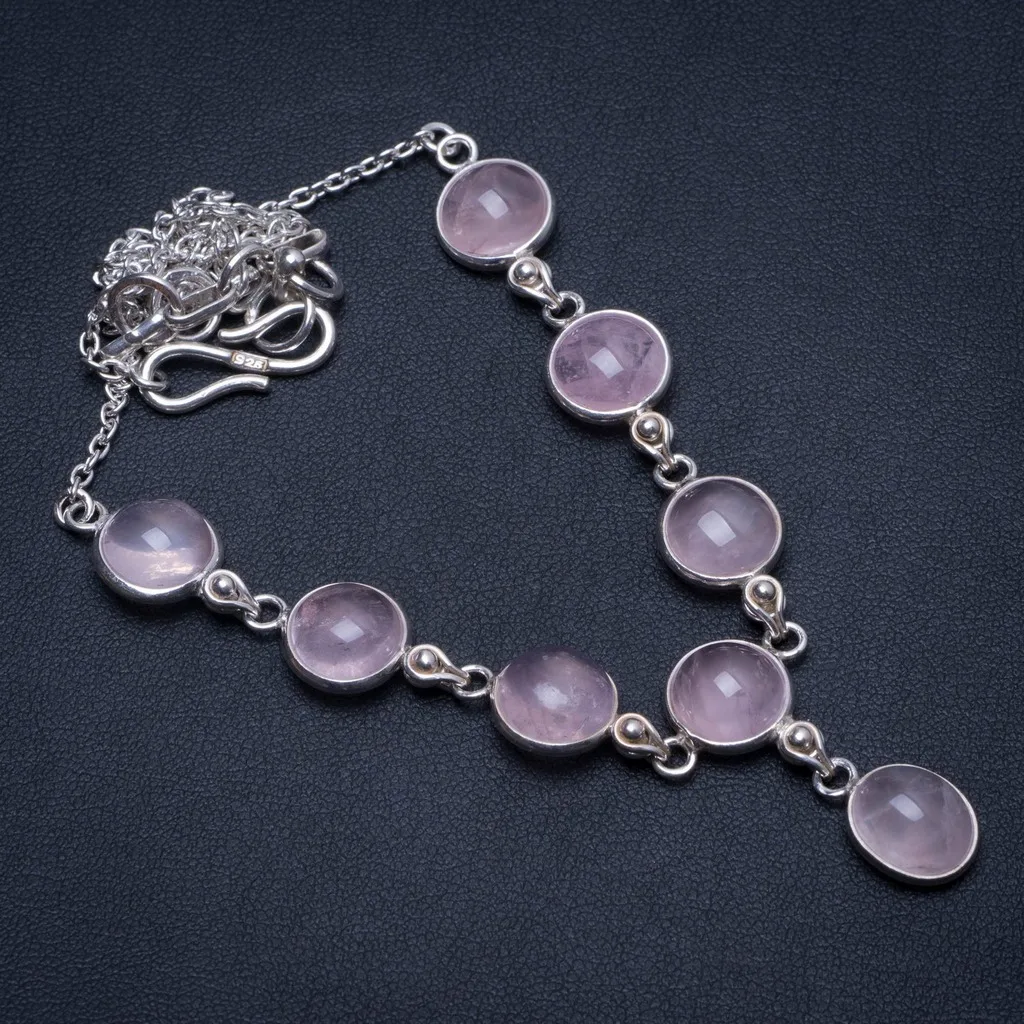 

Natural Rose Quartz Handmade Vintage 925 Sterling Silver Y Necklace 17" T8695