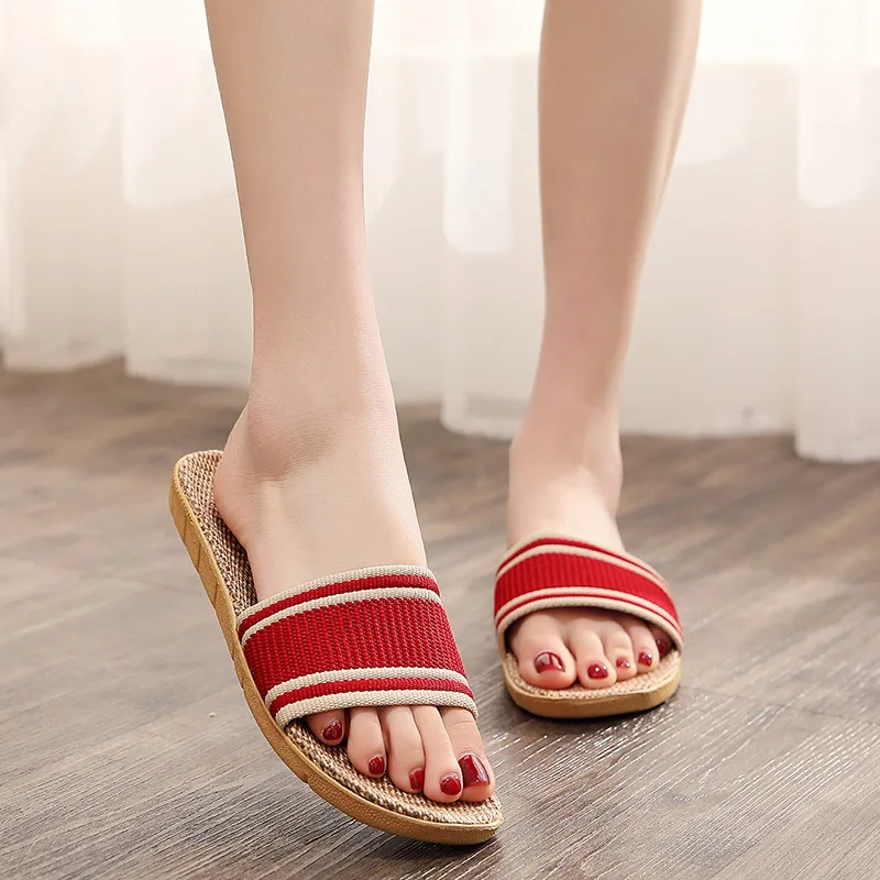 

Women Casual Summer Non-Slip Stripes Print Non-Slip Straw Flat Bottom Outdoor Beach Sandals Slippers