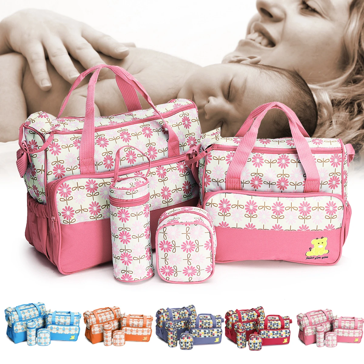 

5pcs/Set Mummy Backpack Canvas Large Capacity Diaper Bottle Travel Maternity Infanticipate Bag