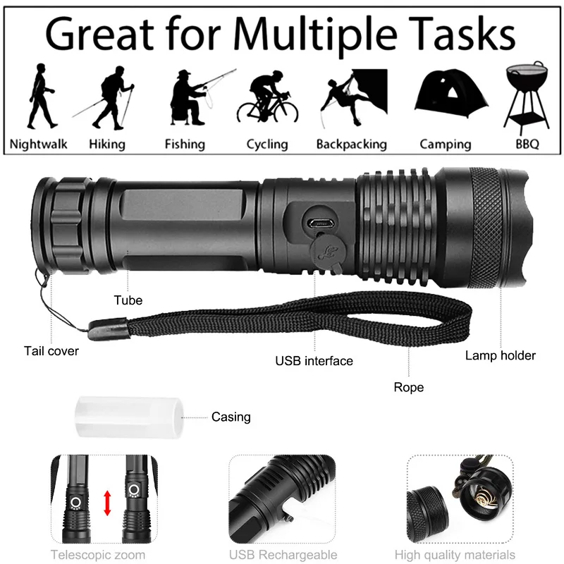 Дропшиппинг светодиодный xhp70.2 флэш-светильник USB Перезаряжаемый мощный светильник с зумом тактический фонарь для кемпинга охоты яркий
