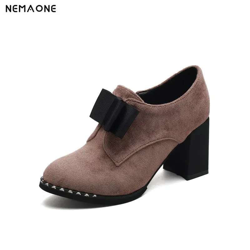 

2018 New spring autumn women shoes thick high heels platform shoes woman bowties tie women pumps