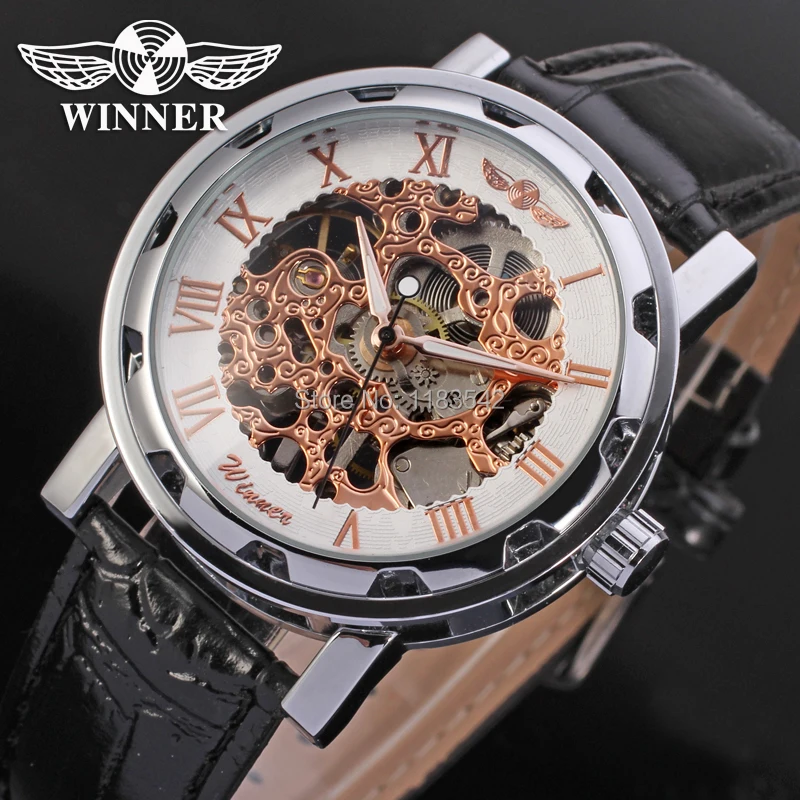 

Winner Mechanical men wristwatch free shipping skeleton silver color black leather band WRG8008M3S5