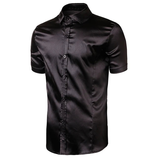 Solid Color Silk Mens Shirts Short Sleeves Fit Slim Comfortable Silk ...