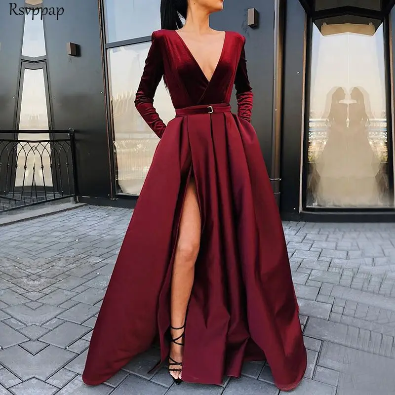 Длинные арабские стильные вечерние одежды сексуальные v-образным вырезом с высоким разрезом женские элегантные бордовые вечерние платья robe de soiree