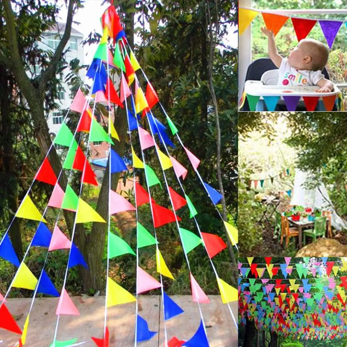 

150PCS Birthday Party Banner Colorful String Flag Triangle Flag Baby Shower Photo Booth Party Holiday Bunting Banner Decor 50M