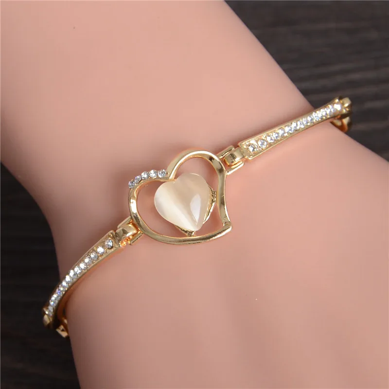 

Fashion Jewelry Pulseiras Femininas Bracelets For Women Cat's Eye Heart Crystal Charms Wholesale Gold Opal Bracelet & Bangles