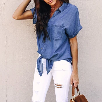 

Women Summer Casual Short Sleeve Button Up Denim Ladies OL Tops Blouse
