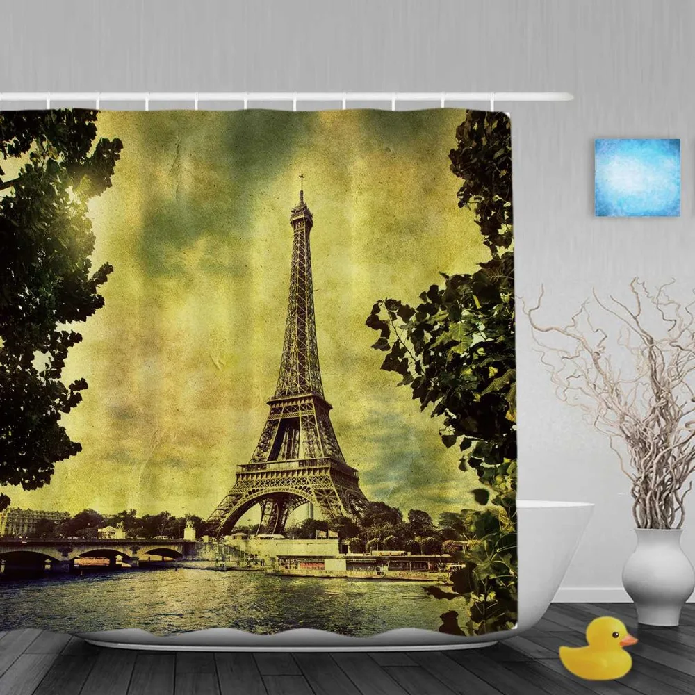 Eiffel Tower In Paris Bathroom Shower Curtain Vintage Paris City Scenery Shower Curtains