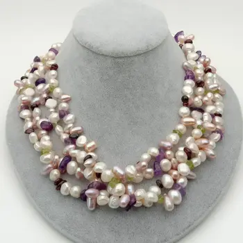

4 Strands 19'' Pearl Gems Stone Prehnte Ametyst Garnet Necklace