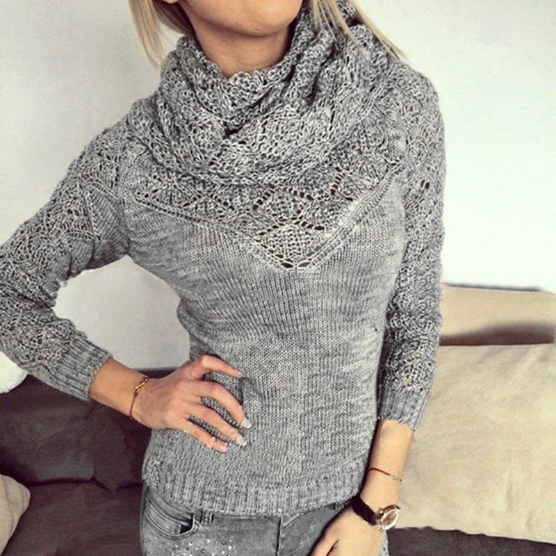 Женский пуловер, пуловер с воротником-стойкой, женский, осенний, вязанный, длинный рукав, пуловер, серый, белый, черный, джемпер, Pull Femme - Цвет: grey